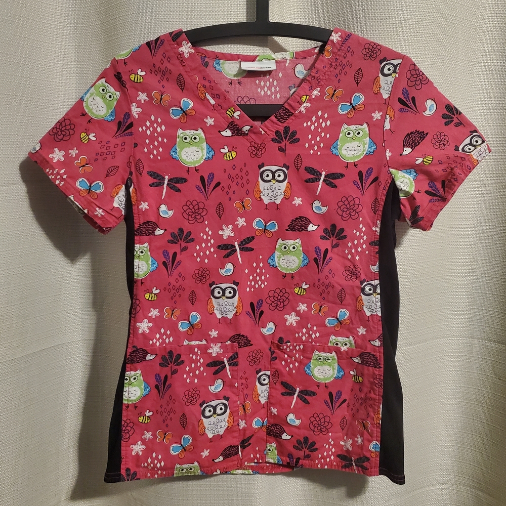 (5/$20) Scrubstar Pink Owl Print Scrub Top Medical Apparel